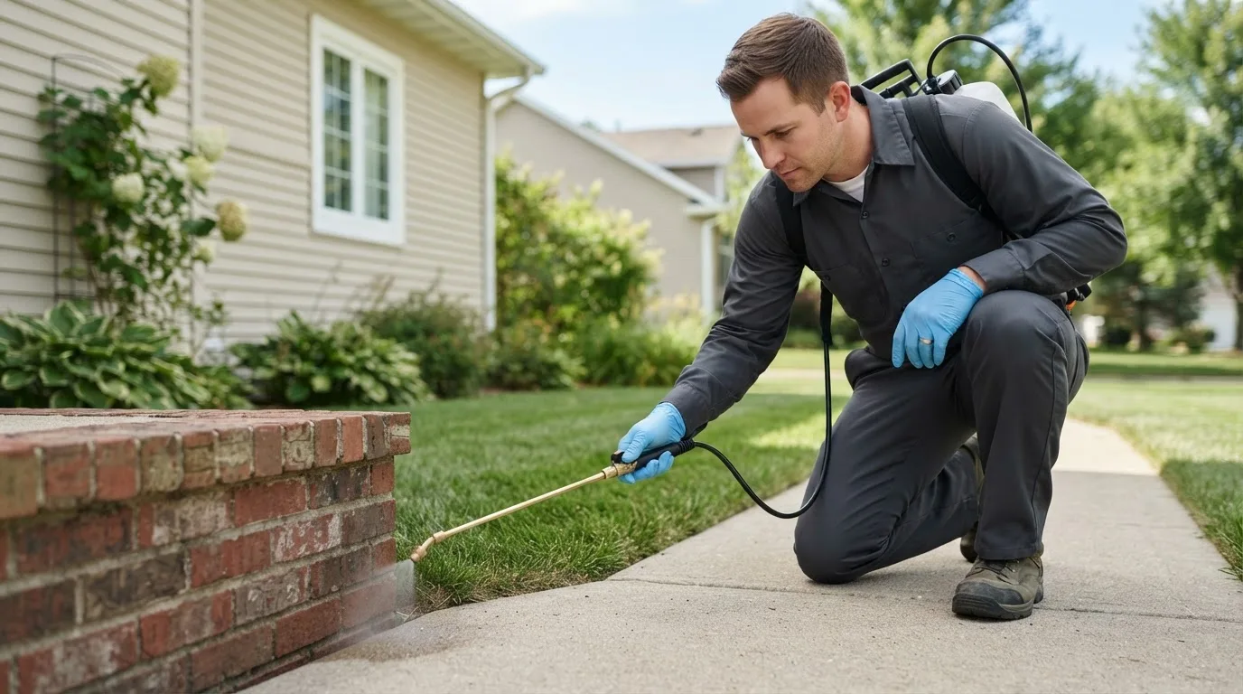 Pest control technician treating a home near Dexter, ME